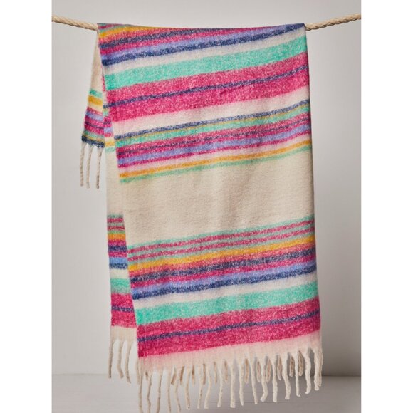 FREE PEOPLE Skye Stripe Fringe Throw Blanket / Ivory - Picture 2 of 6
